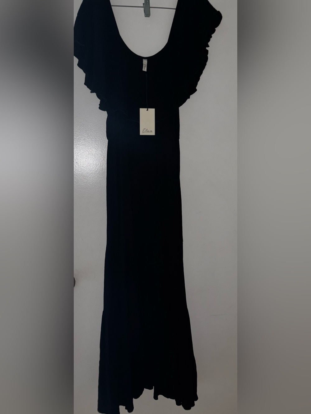 Elan off the shoulder Black Maxi Dress with Ruffle Neckline